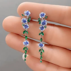 Huitan Romantic Blue Flower Long Hanging Earrings for Women Silver Color Enamel Drop Earrings Delicate Accessories Trend Jewelry