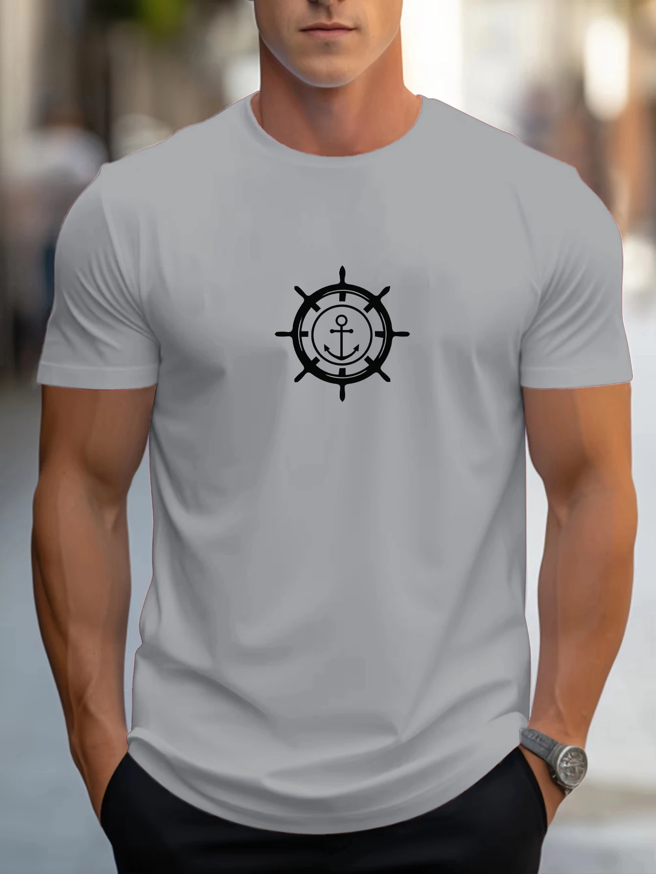 

Steering Wheel Shaped Navigation Printing Mens Tee Shirts Hip Hop Cotton T Shirt Casual Loose Sportswear Summer Fashion Clothes