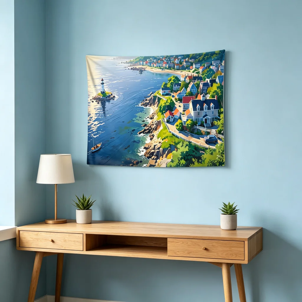1PC Seaside Town Print Backdrop Banner, Bedroom Living Room Photo Background, Polyester Wall Hanging, Home Decor, Wall Art