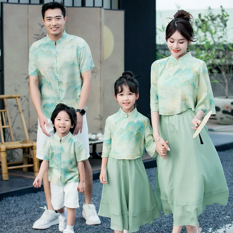 Summer Family Matching Outfits Chinese Style Dad and Son Shirts + Shorts Two Piece Sets Mom and Daughter Blouse + Skirts Suit