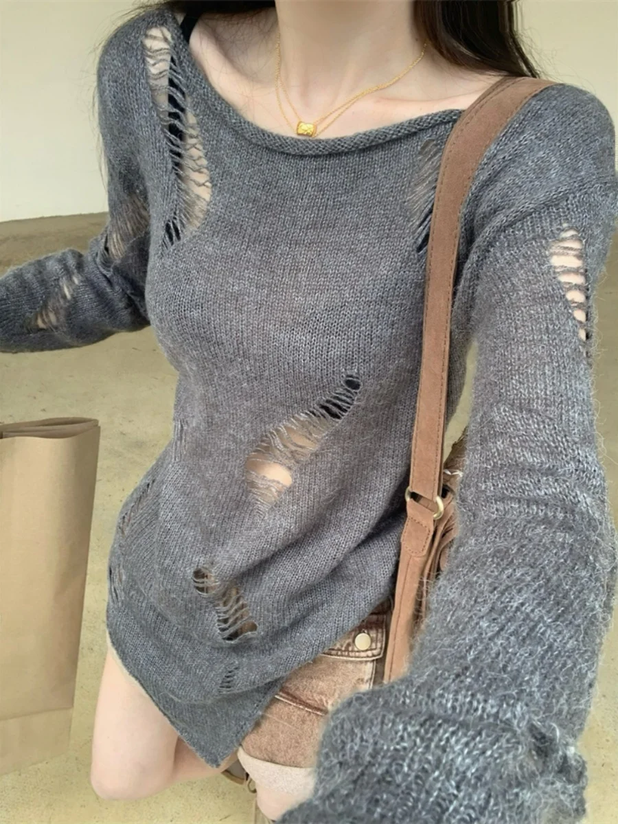 Atasan Rajut Wanita Model Longgar dengan Celana Jeans, Set Dua Potong, Sweater Rajut Panjang Model Longgar