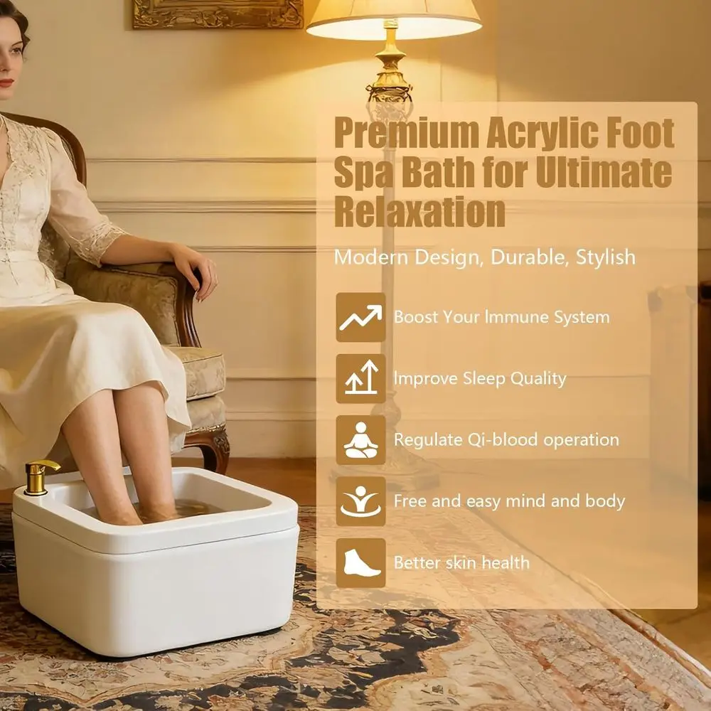Portable Acrylic Pedicure Spa Bathtub with Massage and Acrylic Pedicure Chair, Shampoo Sink, and Shower Wash (White + Gold)