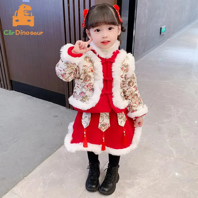 

Зимнее стеганое платье Ханьфу для детей, детская одежда, карнавальный костюм для косплея, китайский древний костюм Ханьфу для девочек, красные наряды на Новый год