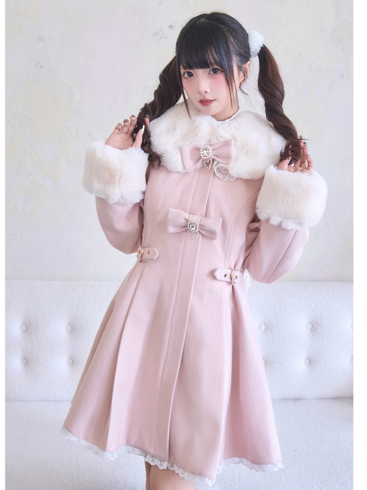 Japanese Mine Style Mass-produced Fur Collar Bow Single-breasted High Waist Slim A-line Versatile Wool Coat Jacket Women Winter