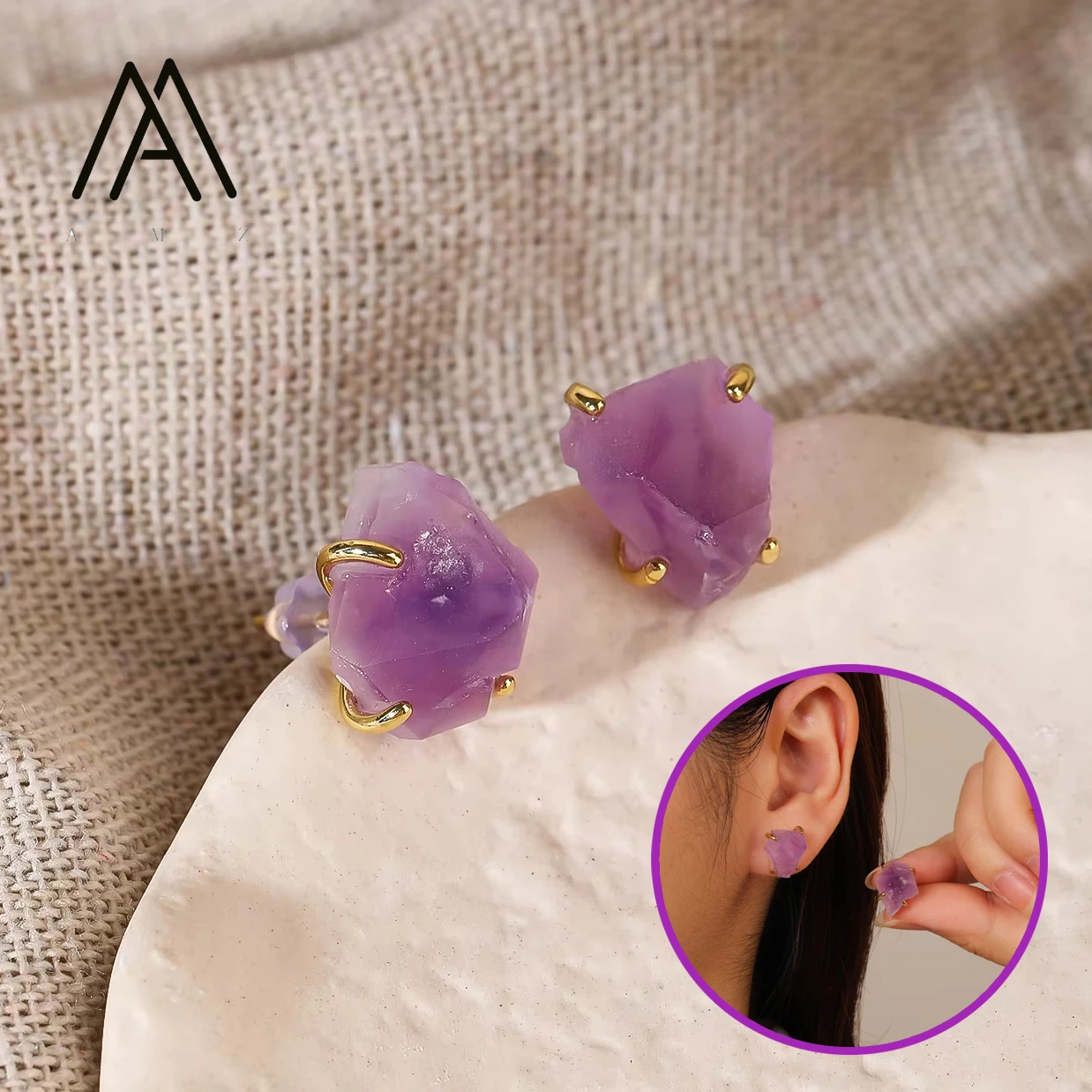 

Irregular Rough Stone Stud Earrings Natural Amethyst Pink Quartz Cluster Design Unique Light Luxury Womens Fashion Jewelry Gift