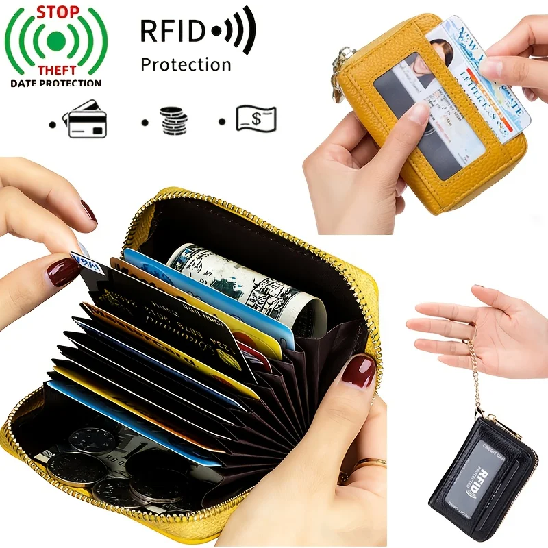 RFID Card Holder PU Leather Double Zipper Card Bag Purse Wallet Multi-solt Bank Card Cover Business Card Clip Wallet with Window