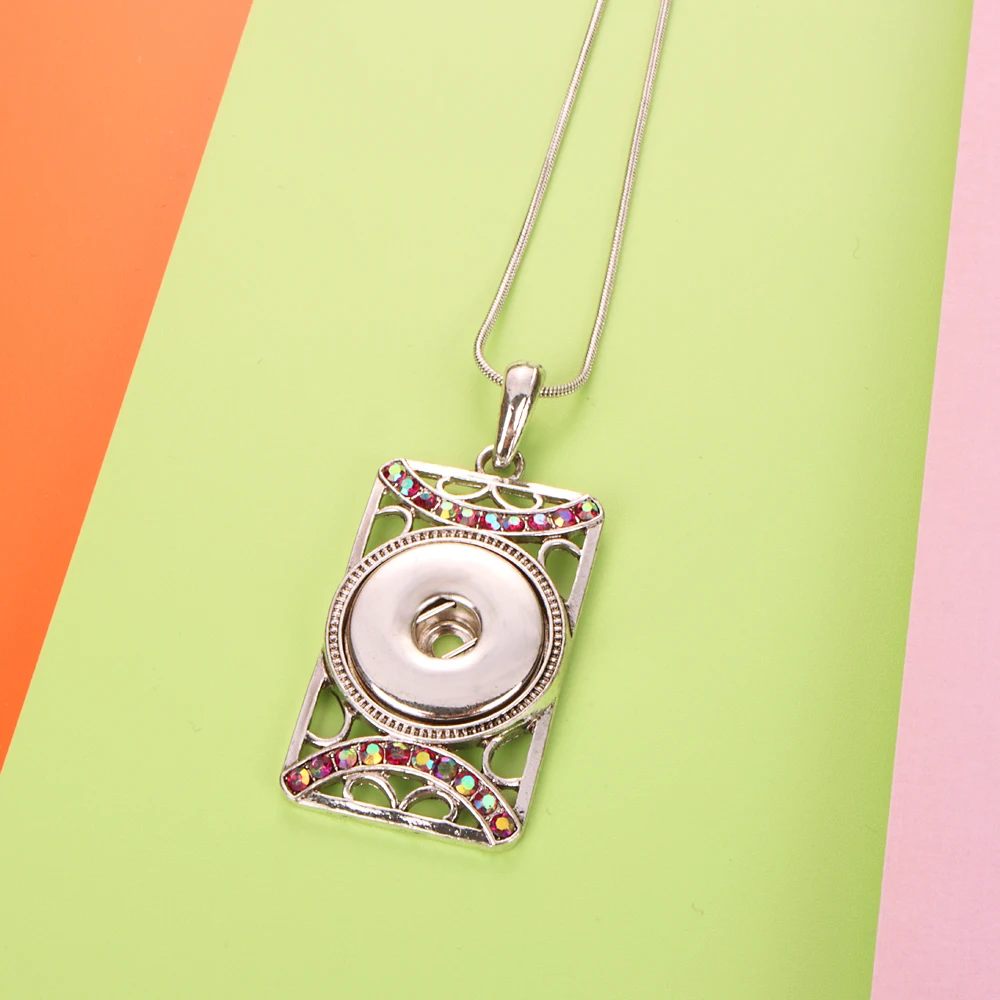 The Rectangle Pendant Rhinestone Geometry Interchangeable Necklace 026 Fit 18mm Snap Button Charm Jewelry For Women Gift