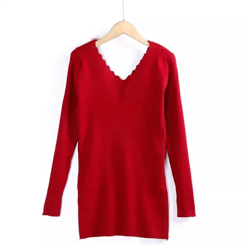 

Вязаный свитер V-Ne, высокоэластичный однотонный кружевной свитер, весна-осень, красная вязаная шерстяная одежда, пальто средней длины для поездок на работу