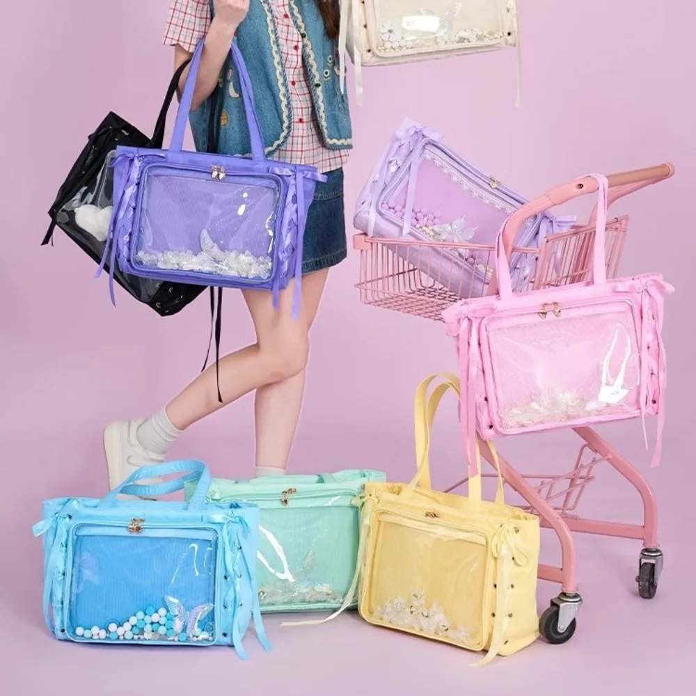 

Anime Transparent Tote Bag Satin Ribbon Pain Bag Go Out To Show Large Appetite JK Sweet Beauty Pain Bag Lolita Shoulder Bag New