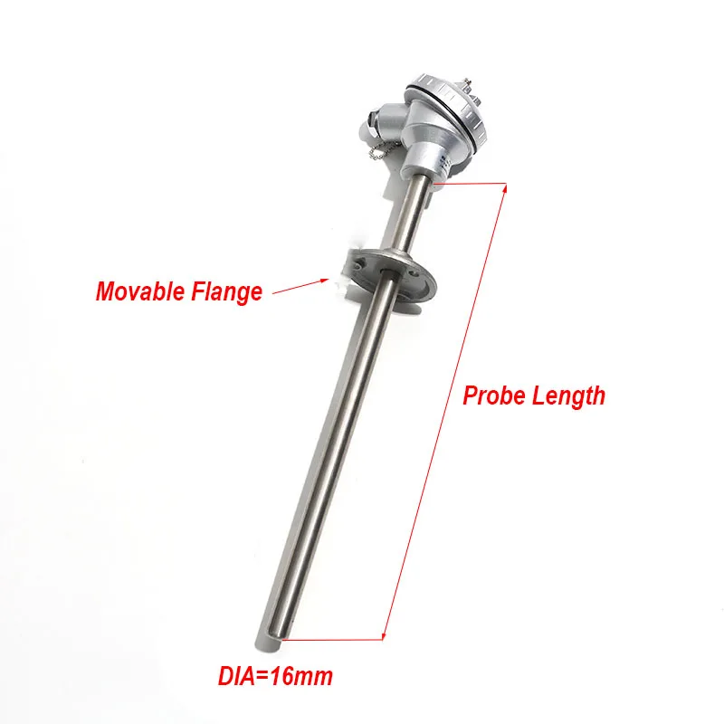 1PC PT100 Thermal Resistance Temperature Sensor Movable Flange Mounted Signal Transmission Stability DIA=16mm Make To Order