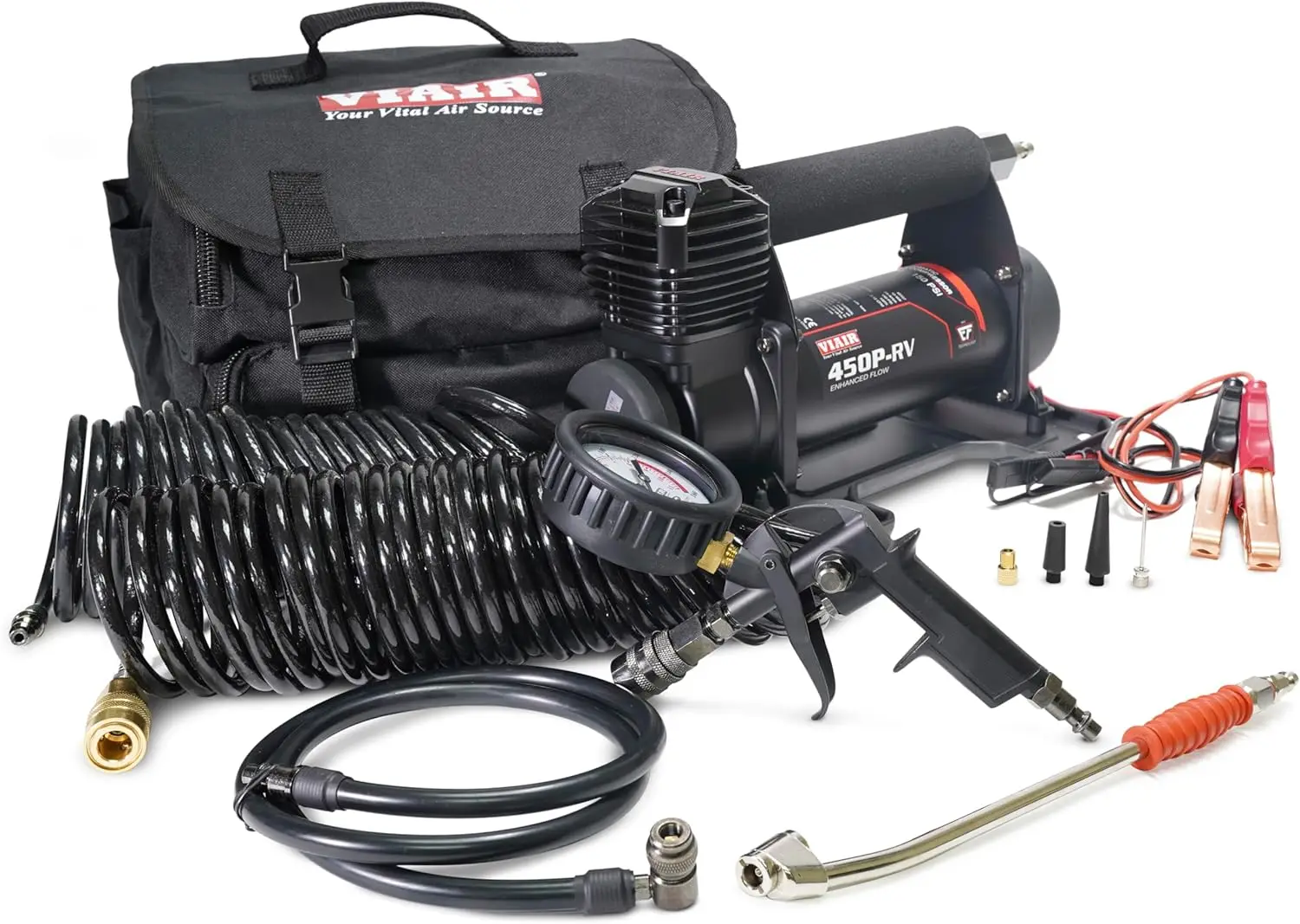 

450P-RV Flow - 45157 12V Tire Portable Air Compressor with RV Inflation Gun, 90 Degree Chuck | 100% D