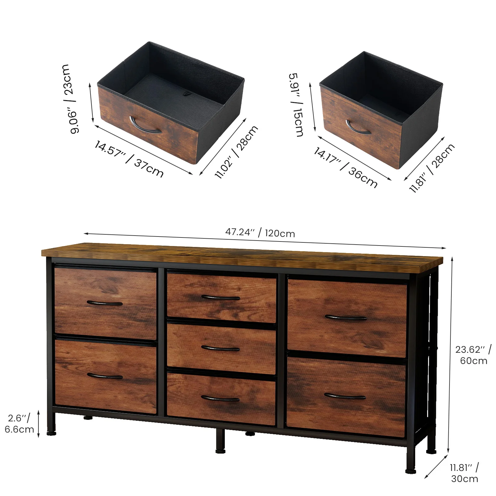 Tv Stand Dresser with 7 Fabric Drawers and Open Shelves, Led Entertainment Center with Charging Station, Wood Top Media Console, Bedroom, Brown