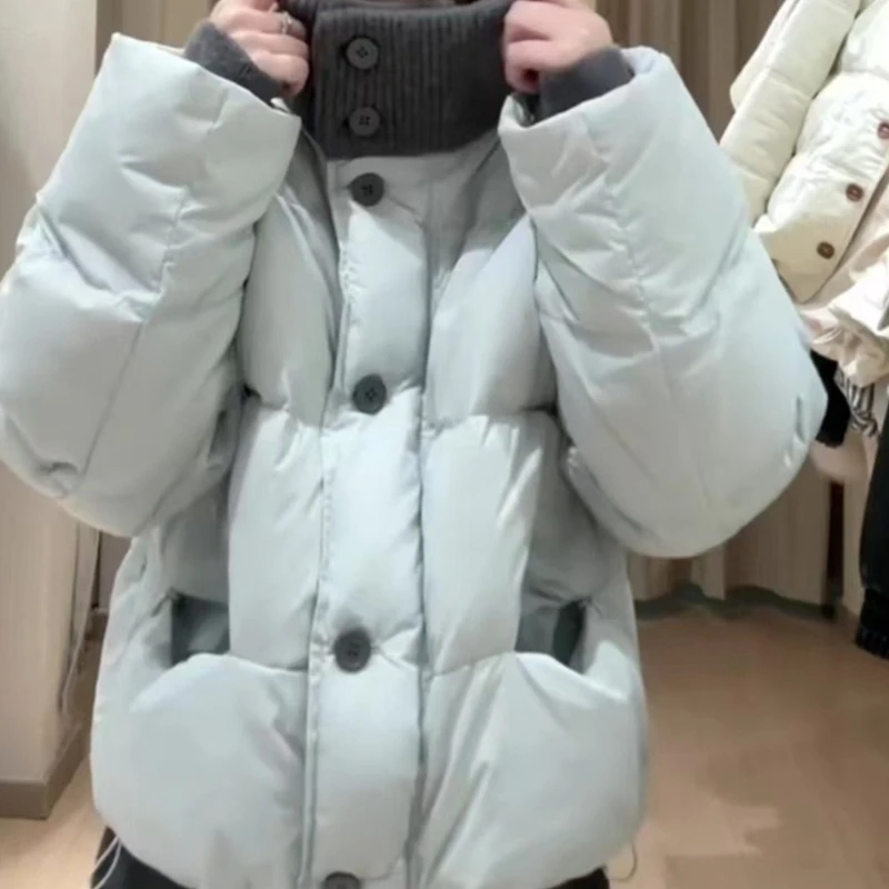 Contrasting Color Design Sense Knitted Splicing Stand-up Collar Cotton Jacket Women's Winter Thickened Warm Small