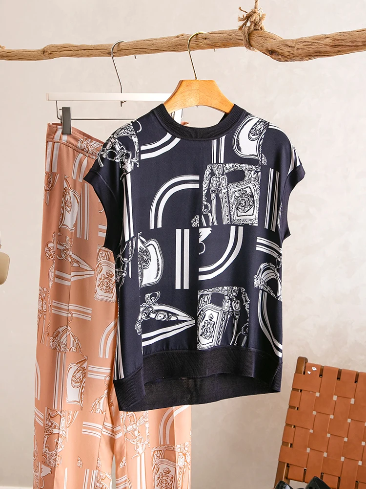 

YongLeap Summer New Classic Chain Print Splicing Knitted round Ne Women's Top Versatile Long Sve Sweat Absorbent Silk Fa...