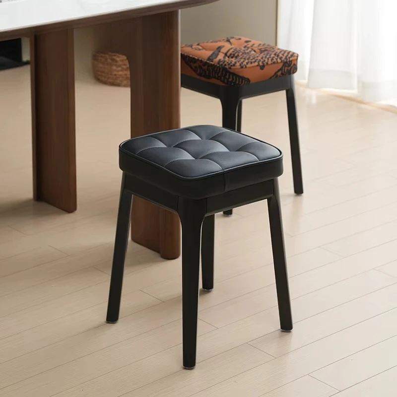 Vintage Stackable Solid Wood Stool Upholstered Low Bench Square Seat Ottoman for Bedroom Small Apartment Dining Room Chair