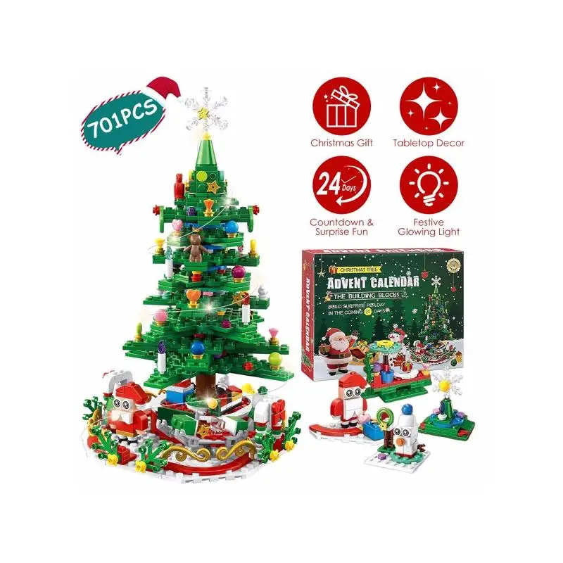 

Christmas Tree Building Set - 701 Pcs with 24-Day Advent Calendar, 30 USB-Powered LED Lights - Includes Santa, Ornaments,