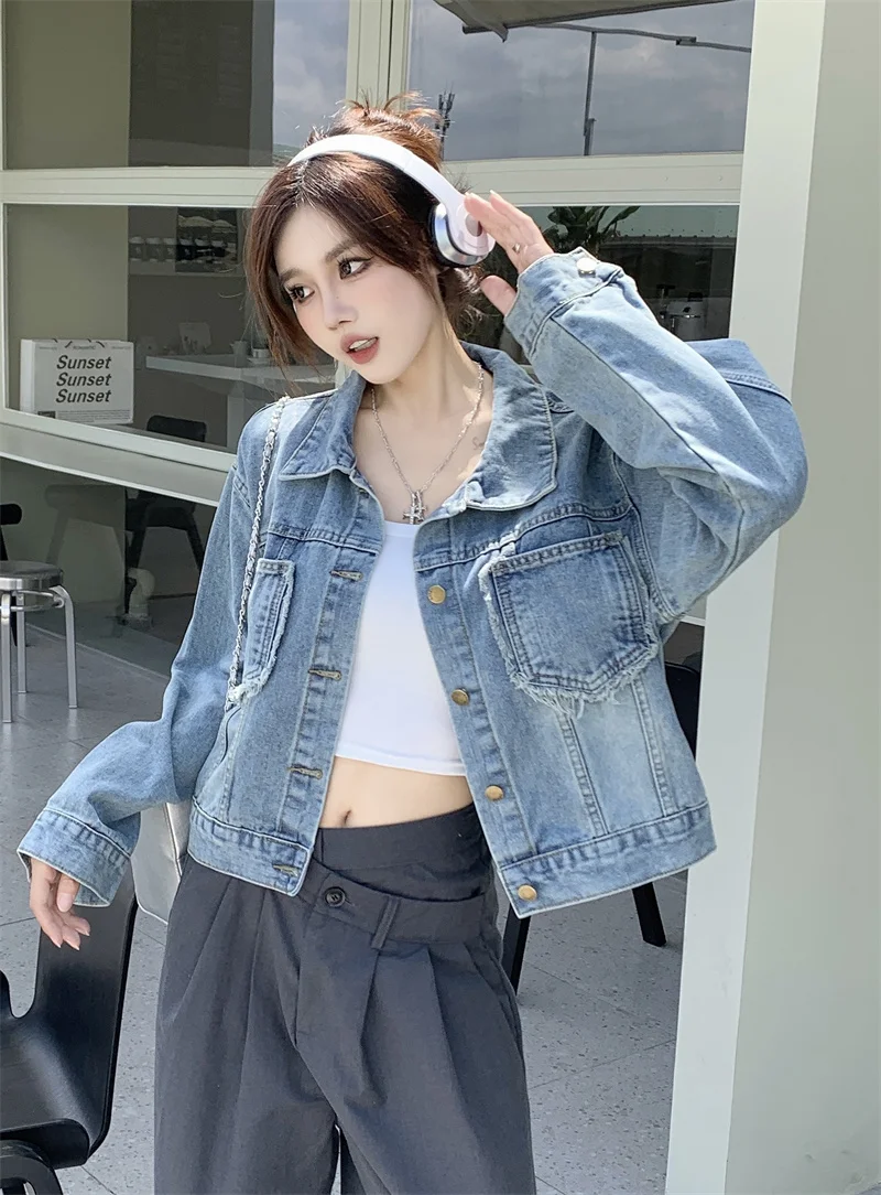 

Korean Style Women's Short Denim Jacket 2023 Autumn New Turn-down Collar Raw Pockets Coat Girl Student Trend Loose Streetwear