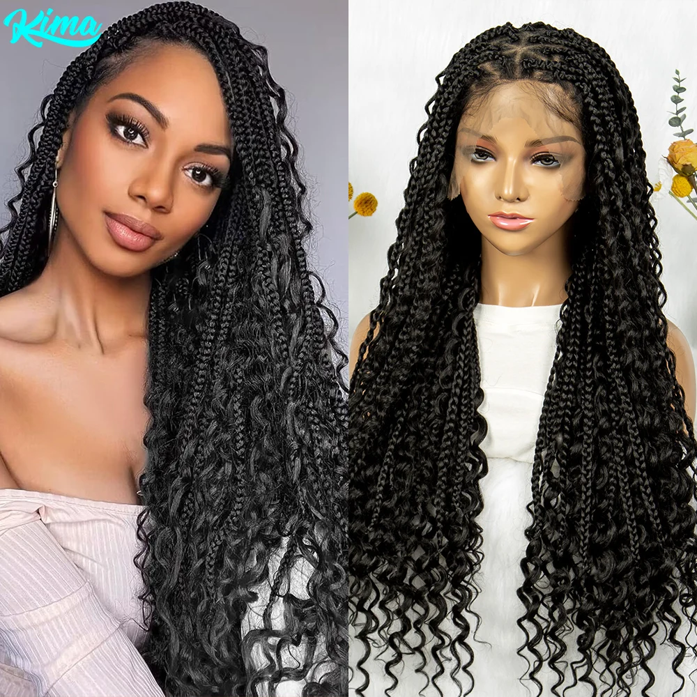 Kima Boho Braided Wig Bohemian Box Braids Wig Synthetic Full Lace Wigs Triangle Goddess Braids Curly End with Baby Hair