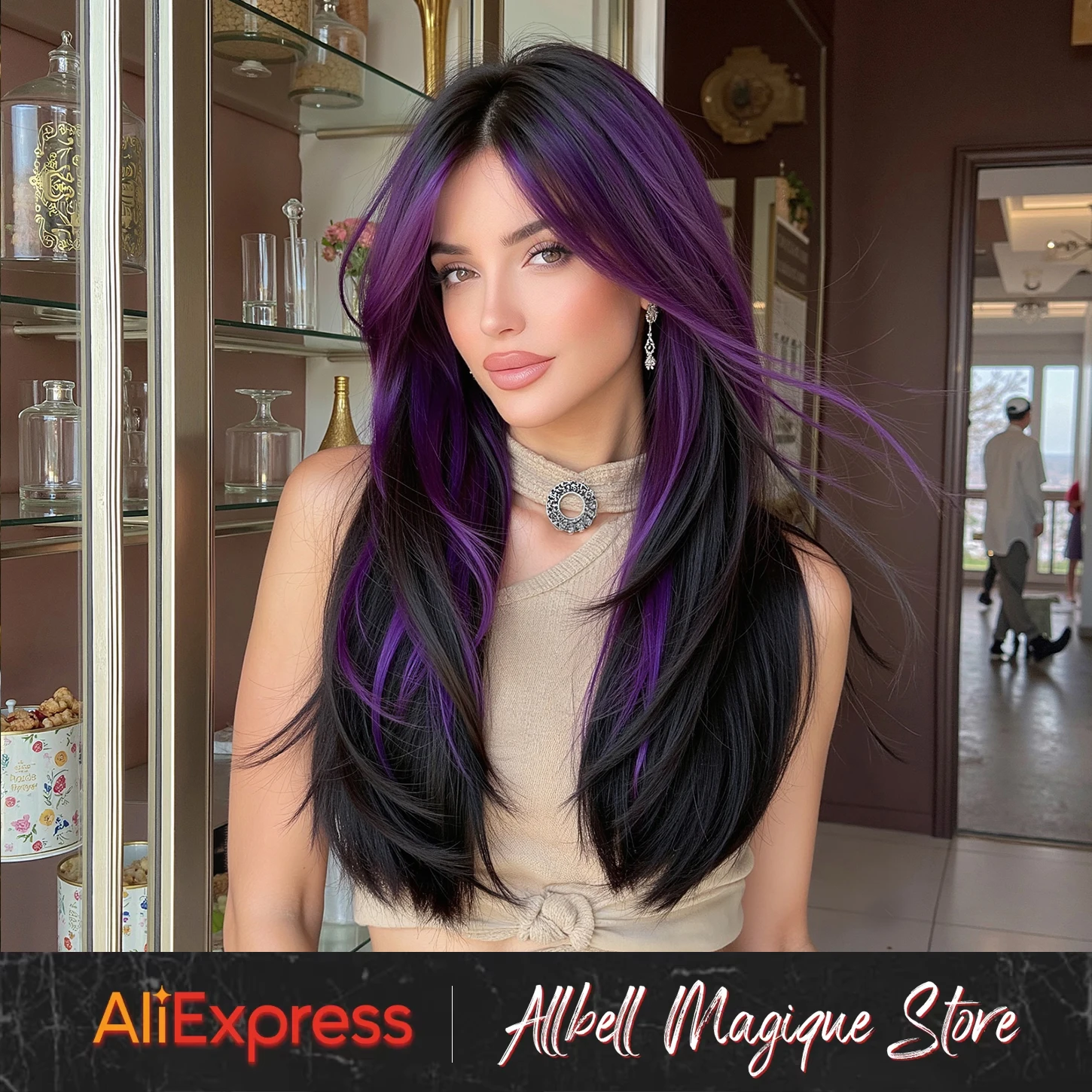 Synthetic Wigs for Women 22 Inches Long Straight Purple Black Ombre Wigs With Bangs Daily Use Cosplay Party Heat Resistant Wigs