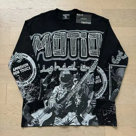 MIXED EMOTION Black Long Sleeve Alien Print T-shirt Men Women T Shirt Top Tees Crewneck Hip Hop Oversized Tops