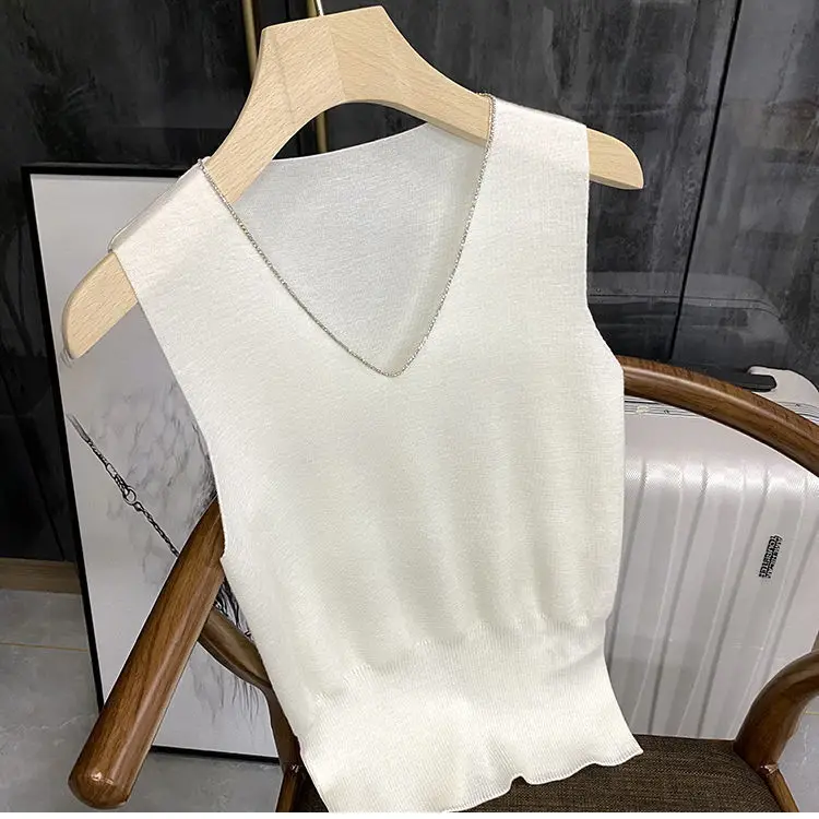 French Camisole with A Short Babes Top for Women\'s Knitted Ice Silk Threaded Summer Thin Undershirt Tank Top