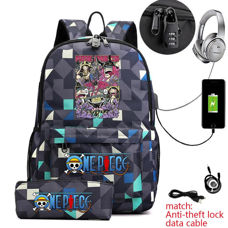 Mochila Escolar Casual Antirrobo con Estampado de Anime de One Piece Luffy, con Estuche para Lápices, para Niños y Niñas