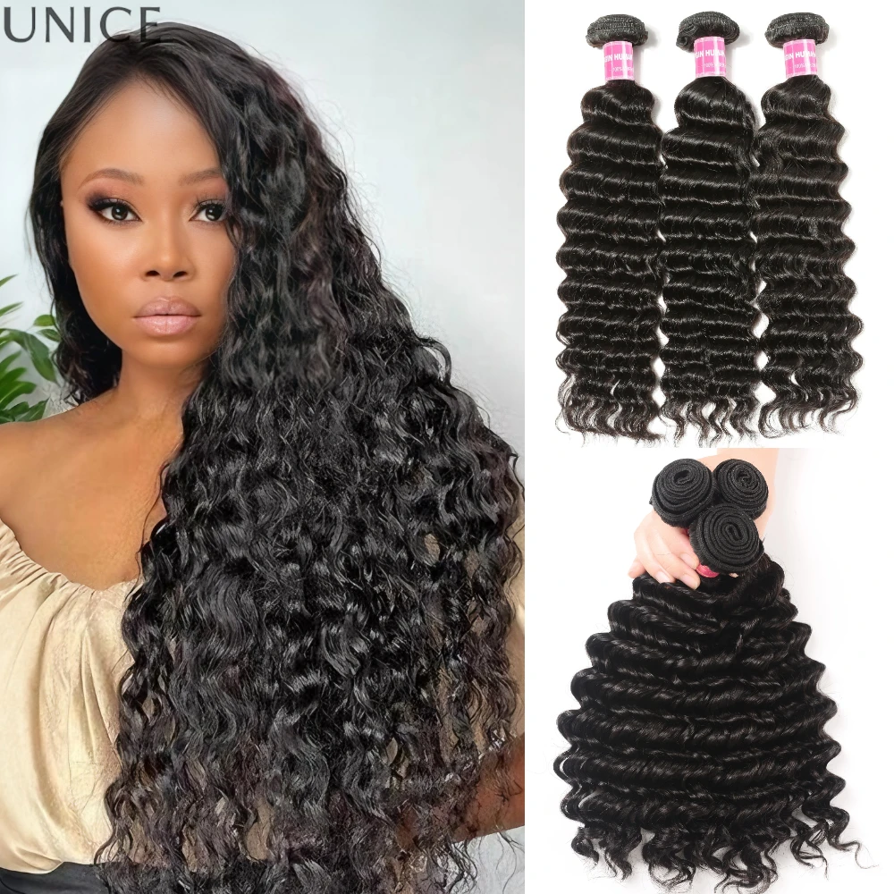 UNICE Hair Deep Wave Bundles 1/3/4PCS Natural Black 12A Virgin 100% Human Hair Bundles 100Grams Sew In Weaves Hair Extensions