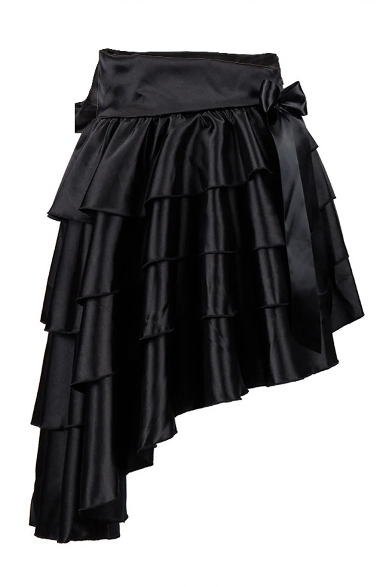 Victorian Black Ruffle Satin Layered Asymmetical Gothic Skirt Women Skirts With Bow Matching Steampunk Corsets and Bustiers