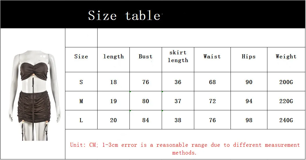 SKMY Solid Color Two Piece Outfits 2024 Summer New Fashion Drawstring Ruched Strapless Crop Tops Skirt Sets Clothes For Women