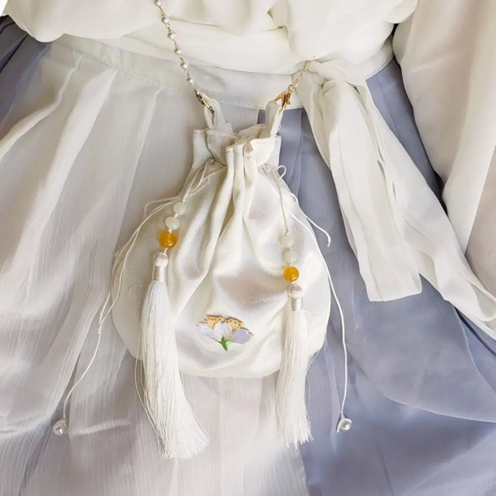 Etnische Stijl Hanfu Zijden Drawstring Tas Kwastje Chinese Stijl Borduurwerk Bloem Handtas Hanfu Accessoires Crossbody Tas