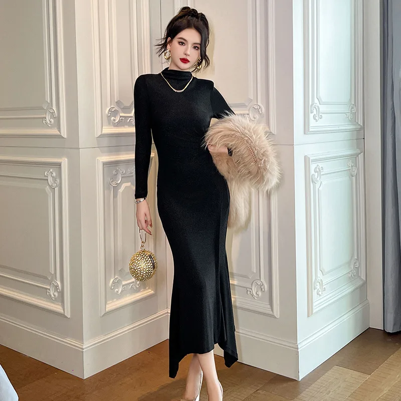 

French Slim Black Dress Turtleneck High Waist Elegant and Pretty Women's Dresses Autumn and Winter New Ankle-length Long Dresses