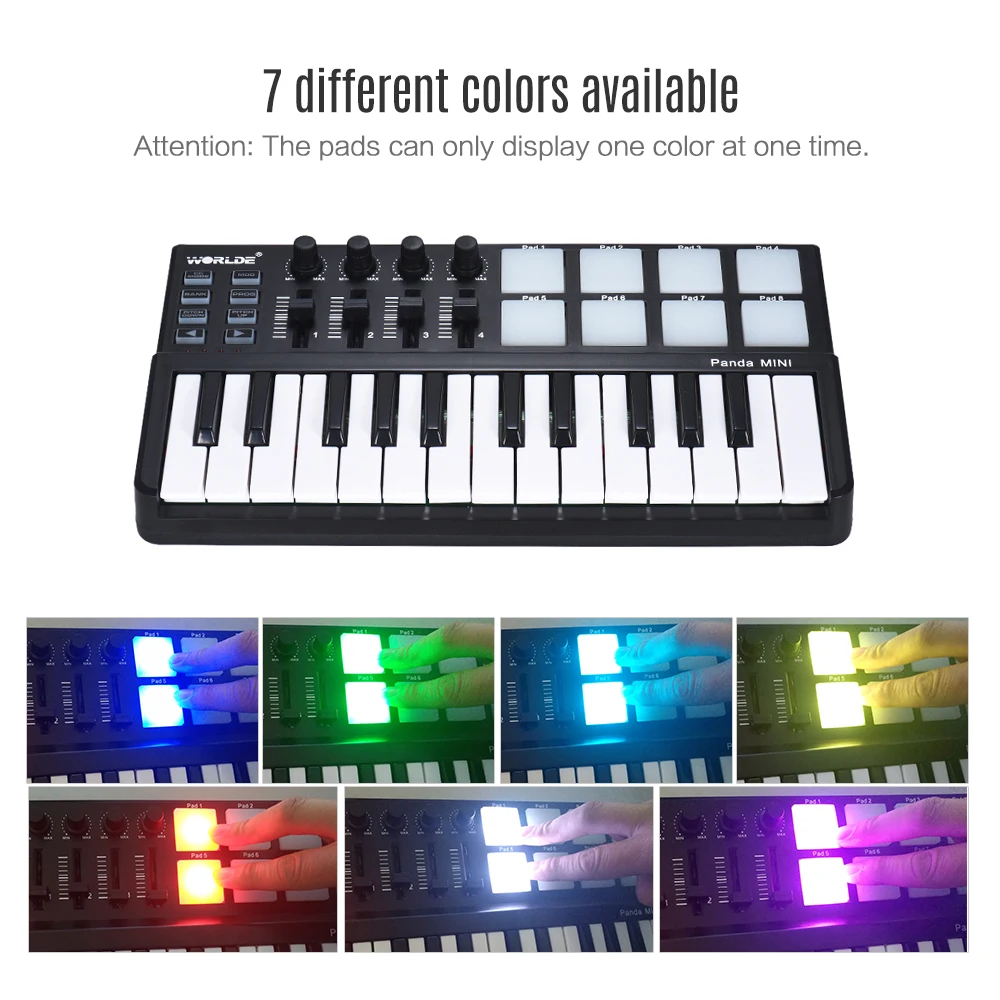 WORLDE Panda MINI 25-Key Ultra-Portable USB MIDI Keyboard Controller 8 Colorful Backlit Trigger Pads