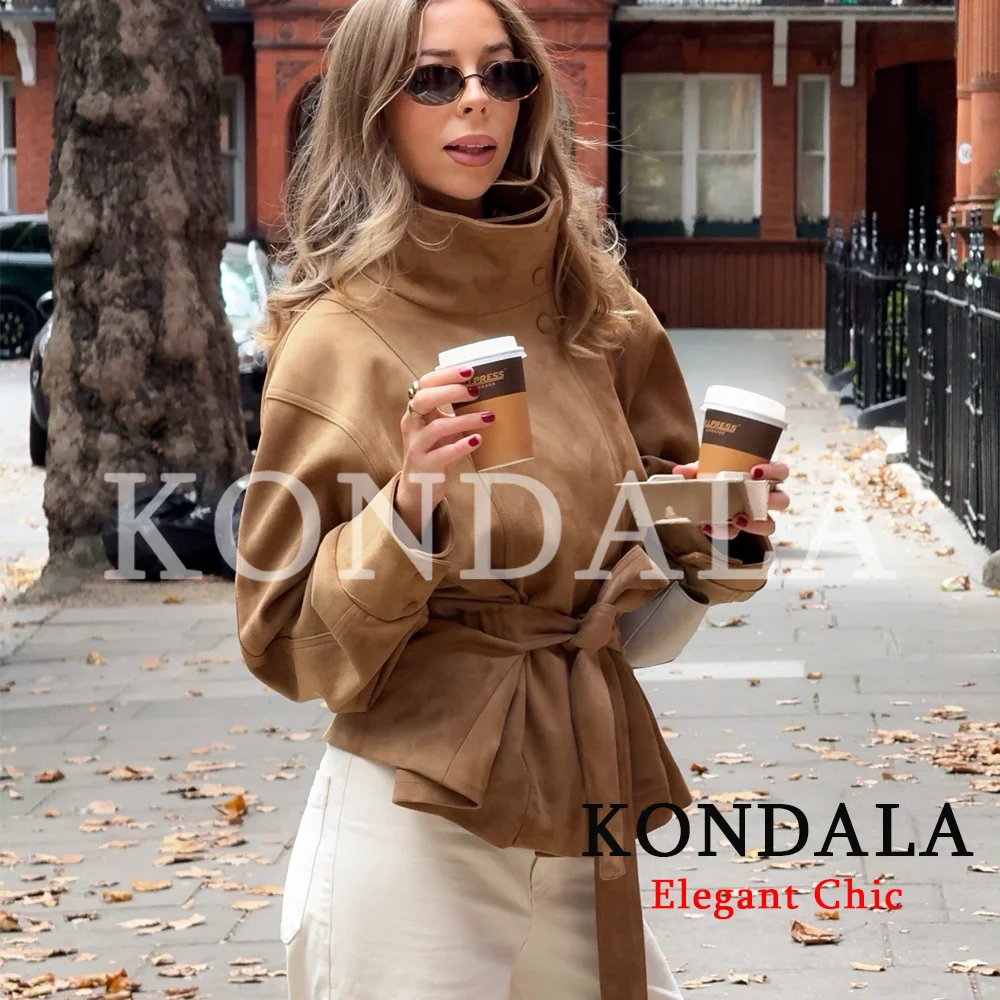 KONDALA Women High Street Jacket Elegant Faux Suede Belt Stand-Collar Jacket New 2026 Fall Winter Commute Lady Short Chic Coat