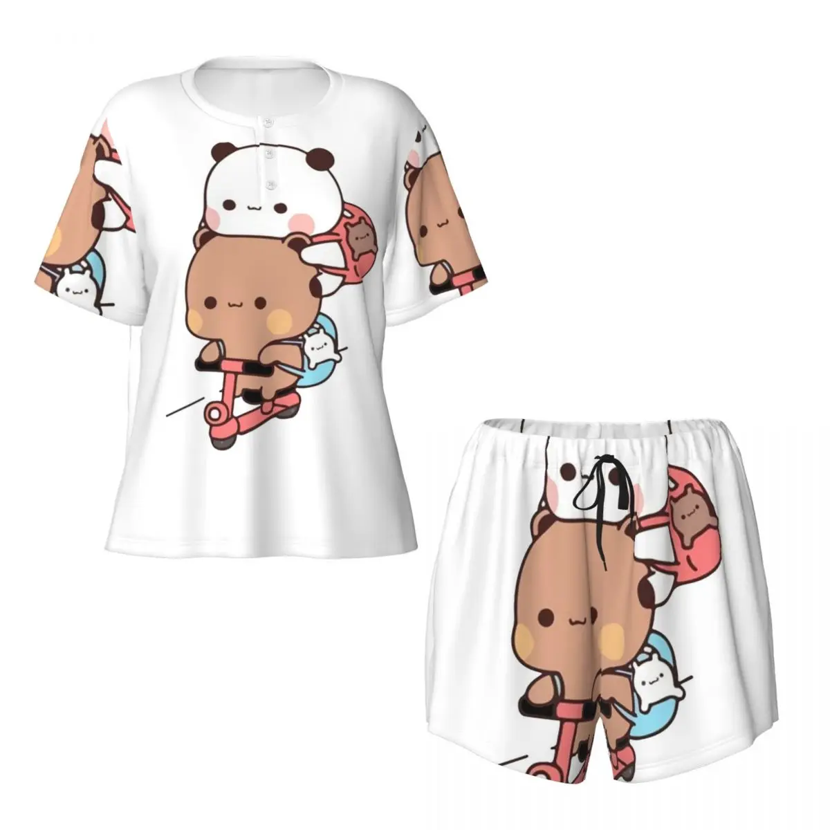 Bear And Panda Bubu Dudu Balloon Round Neck Short Sleeves Nightdress for Sleeping Sleepshirts Women Loose Pajama Set Short Pants