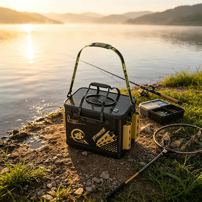 Heightened Fishing Bucket with Rod Insert Hole, Thickened Bottom Live Fish Storage Pail, Multifunctional Fish‑Guard Container