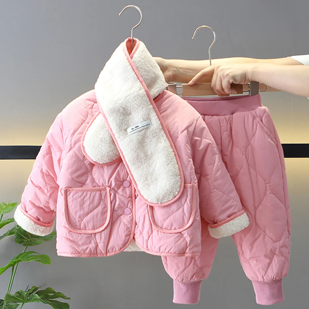 

Girls Cotton Coats Winter Children Clothes Sets Thick Warm Kids Lambswool Velvet Quilted Jacket+Pants 2Pcs with Fleece Scarf