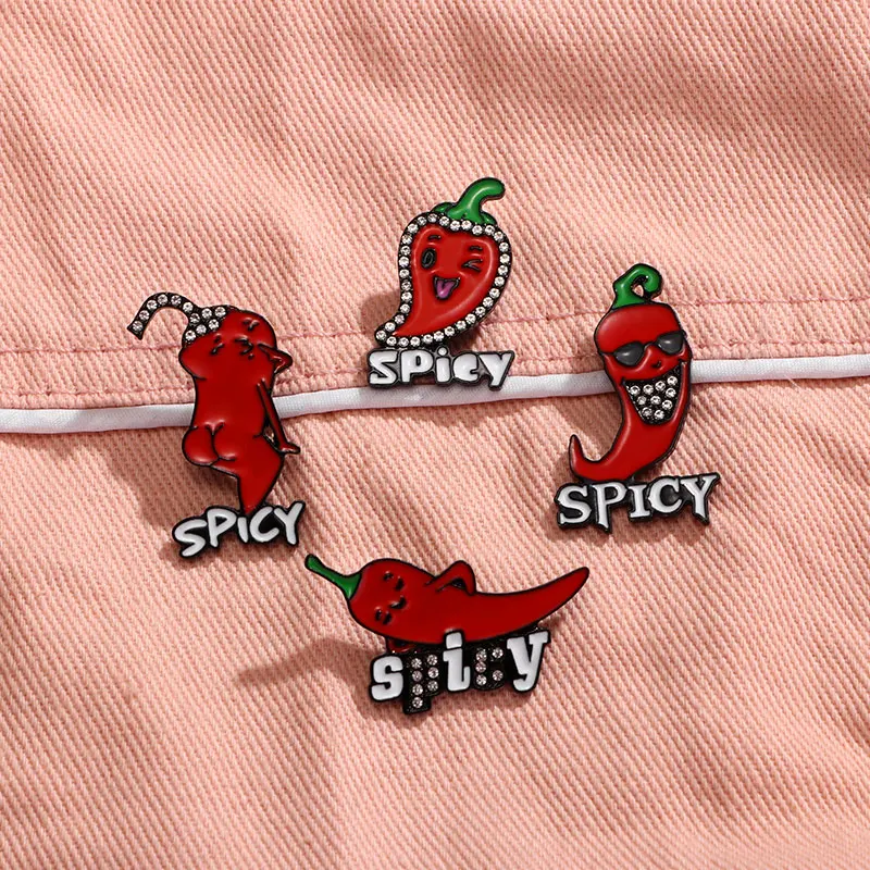 4Styles Cute Spicy Red Chili Men Crystal Pins Cartoon  Hot Pepper Shaped Design Enamel Brooches