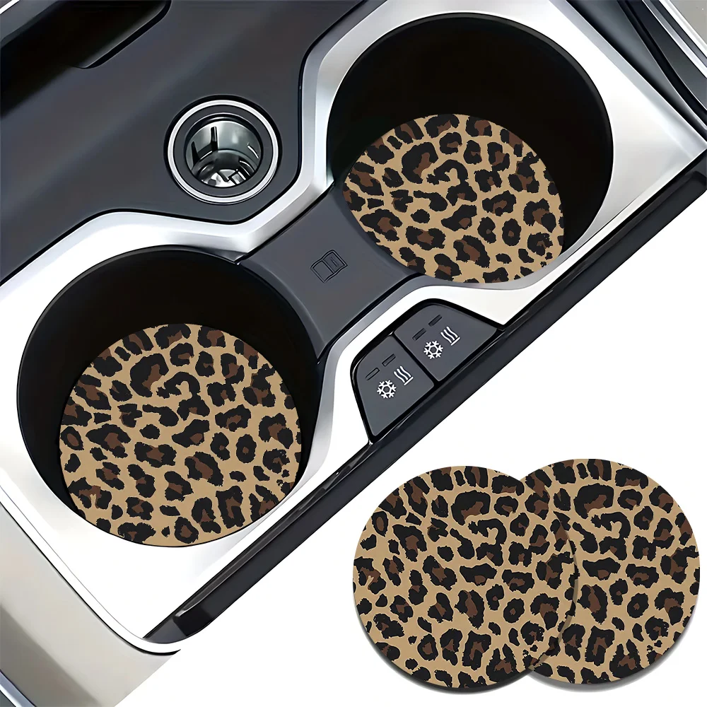 2Pcs Leopard Print Car Cup Coasters, Water Absorbent Anti-Slip Auto Interior Mats