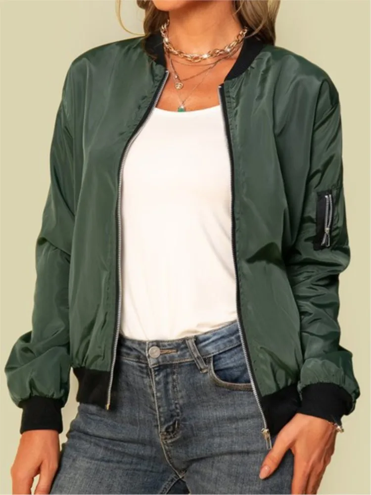 

New Women Bomber Casual Jacket 2025 Spring Autumn Solid Color Coat Long Sleeve Stand Collar Zipper Basic Motorcycle Jackets