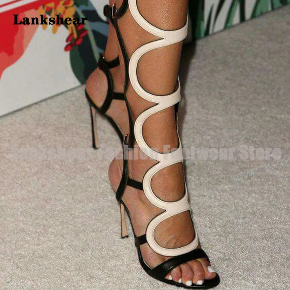 Black White Leather Patchwork Sandals Boots Cuts Out Gladiator Women Shoes Summer Knee High Shoes Sandalias De Mujer Verano