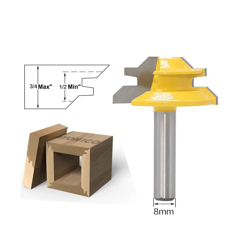 1Pc 45 Degree Lock Miter Router Bit 8Inch Shank Woodworking Tenon Milling Cutter Tool Drilling Milling For Wood Carbide Alloy