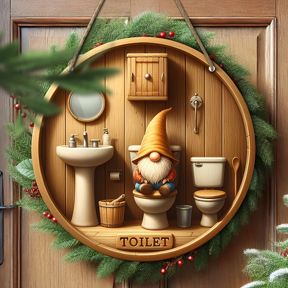 Country gnome toilet logo, wooden round decorative plate for bathroom, farmhouse entrance, anniversary, country style home