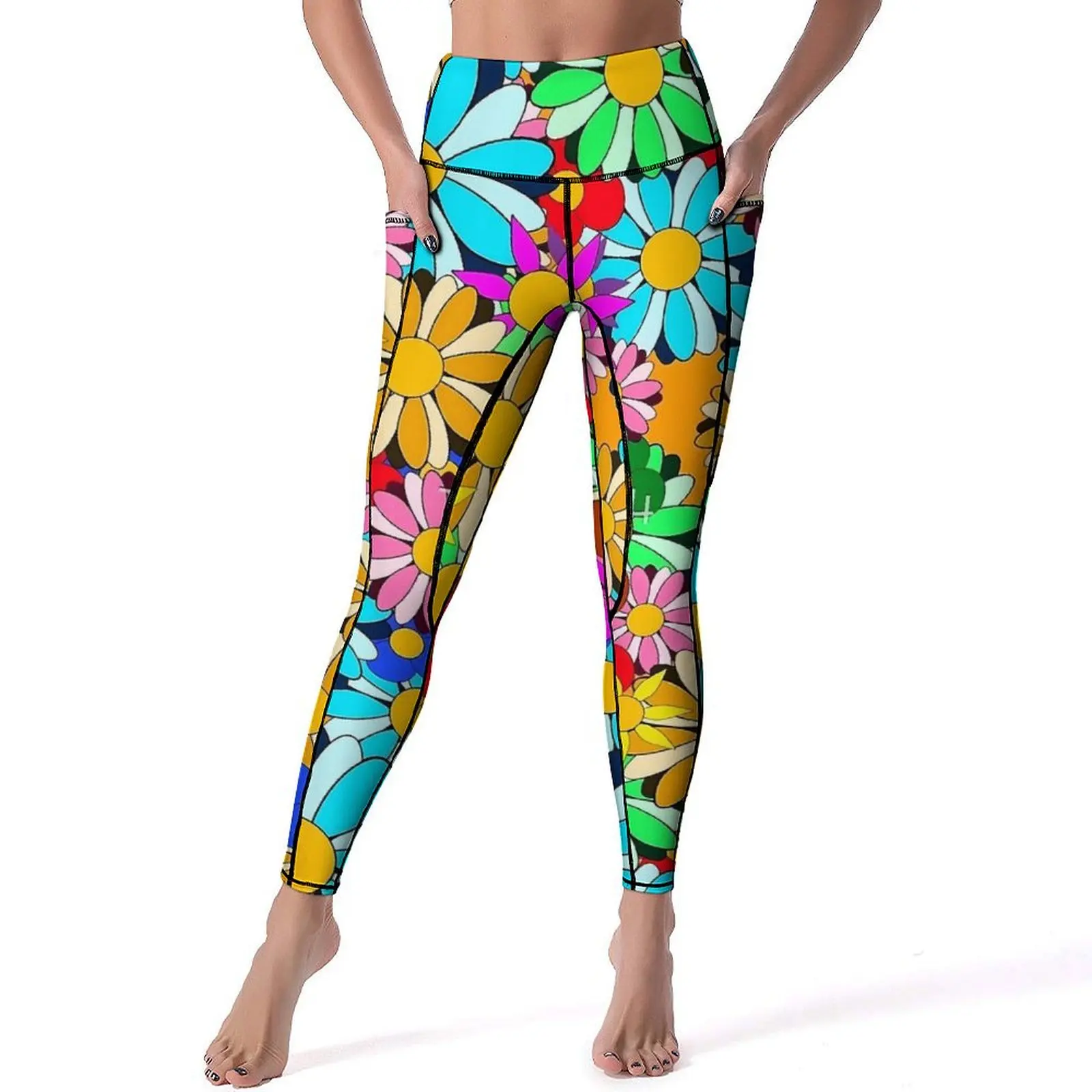 Flower Power Leggings Pantaloni da yoga a vita alta floreali retrò sexy Leggins elasticizzati casual Collant sportivi da palestra per fitness grafico femminile