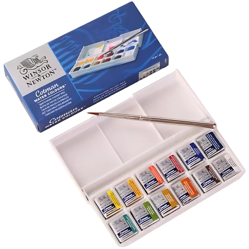 Winsor&Newton Cotman Portable Travel 12 Color Solid Watercolor Paint Sketch Half Pan Palette Watercolor Brushes Art Supplies