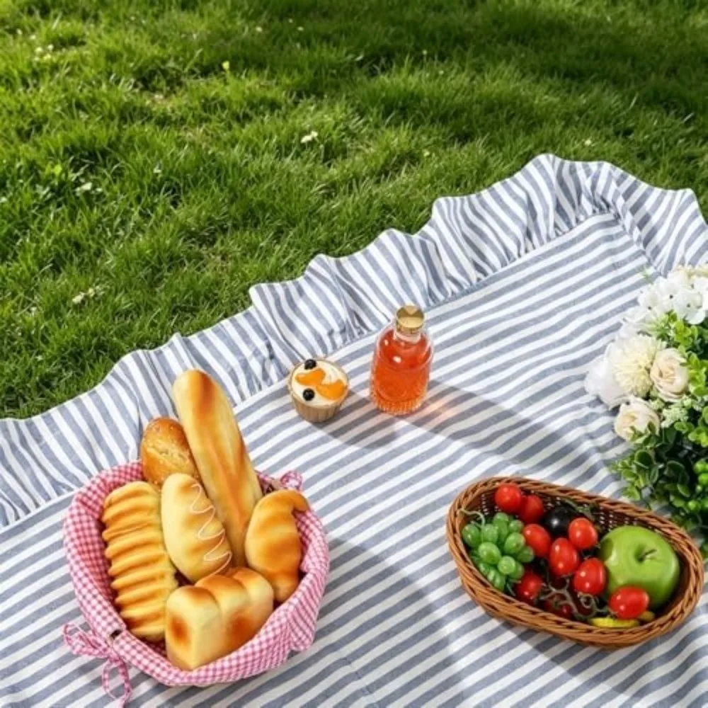 Vertical Striped Table Cover Ruffle Trim Wrinkle-Resistant Farmhouse Tablecloth Washable Rectangular Tablecloth Wedding Decor