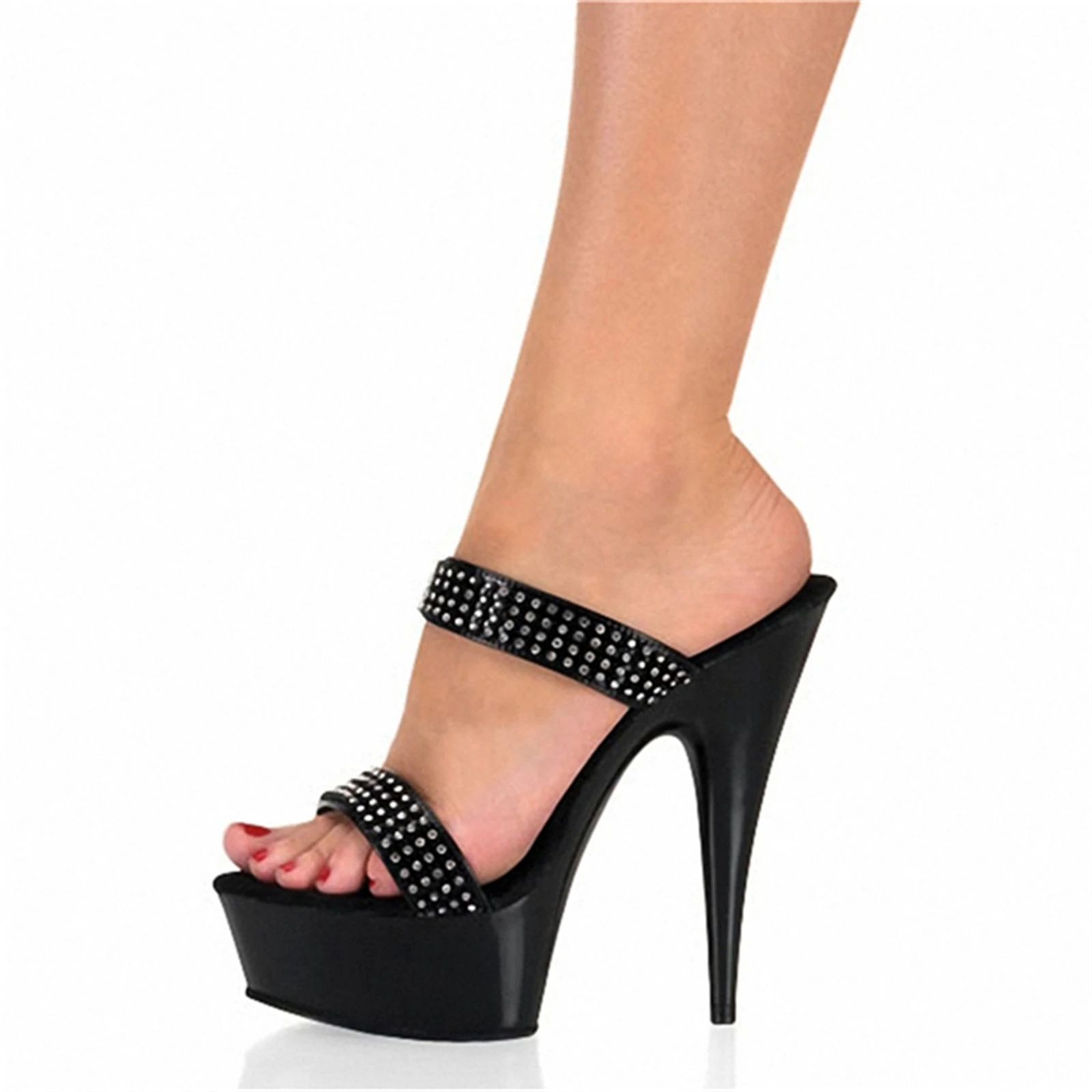 ​15CM Platform Slide Sandals Black, Fully Rhinestone Strap Mules with Chunky Sole, Extreme Height Party Shoes​