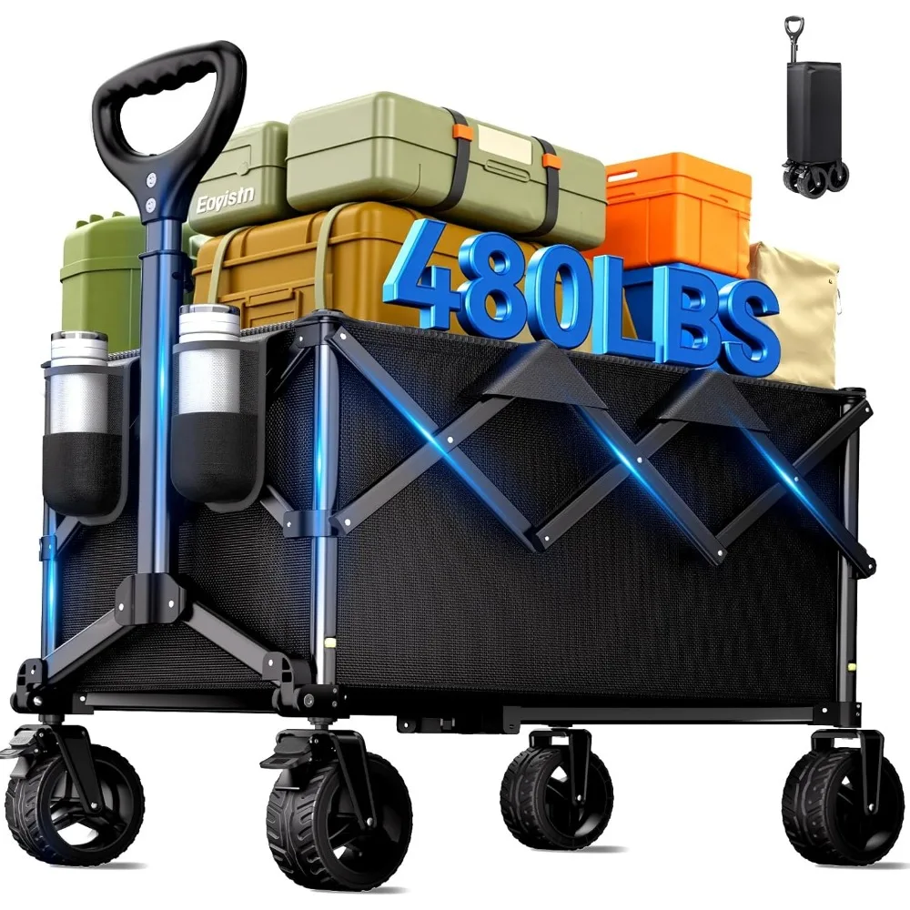 

Collapsible Wagon Cart with Universal Wheels, 480LBS Wagons Carts Heavy Duty Collapsible Wagon with Cup Holders, Utility Beach C