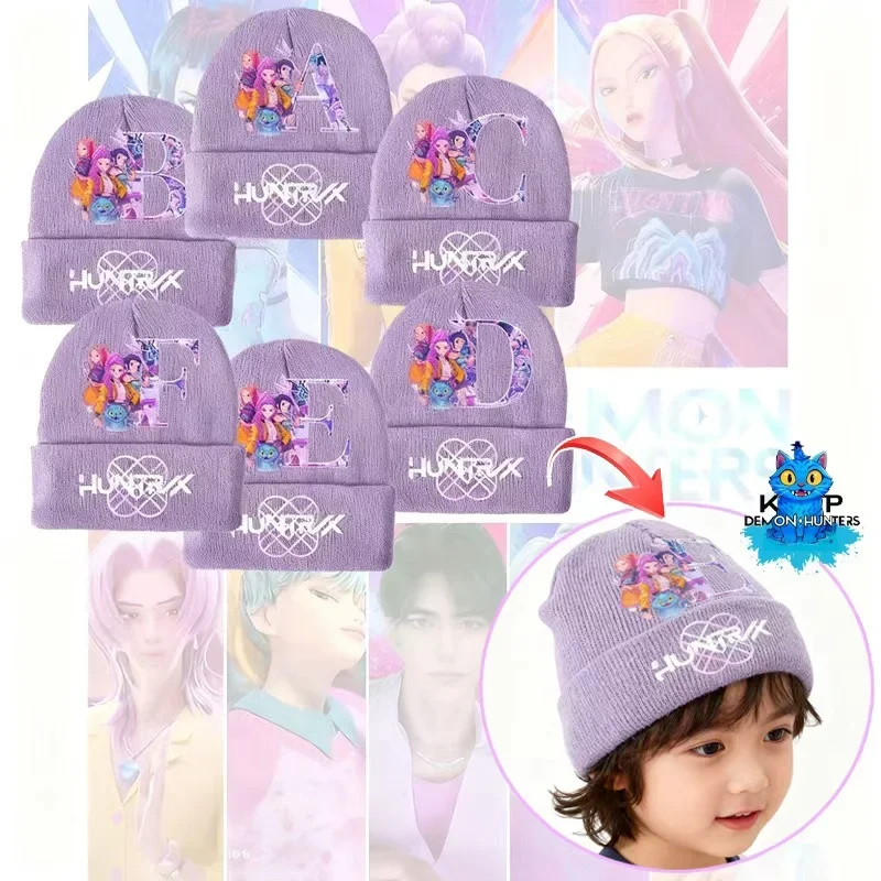 2 قطعة Kpop شيطان الصيادين محبوك قبعة وقفازات مجموعة الكرتون أنيمي رسائل A-Z مطبوعة الشتاء اكسسوارات بنين بنات لطيف بيني