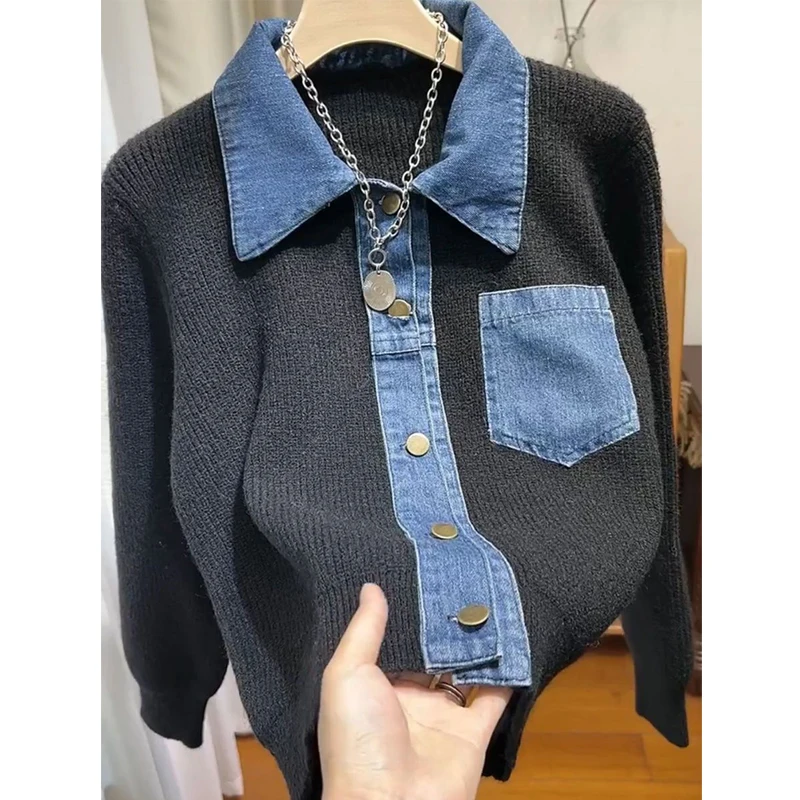 Women\'s Trendy Vintage Denim Patchwork Single Breasted Knitted Cardigan Autumn Casual Long Sleeve Loose Chic Pocket Sweater Coat