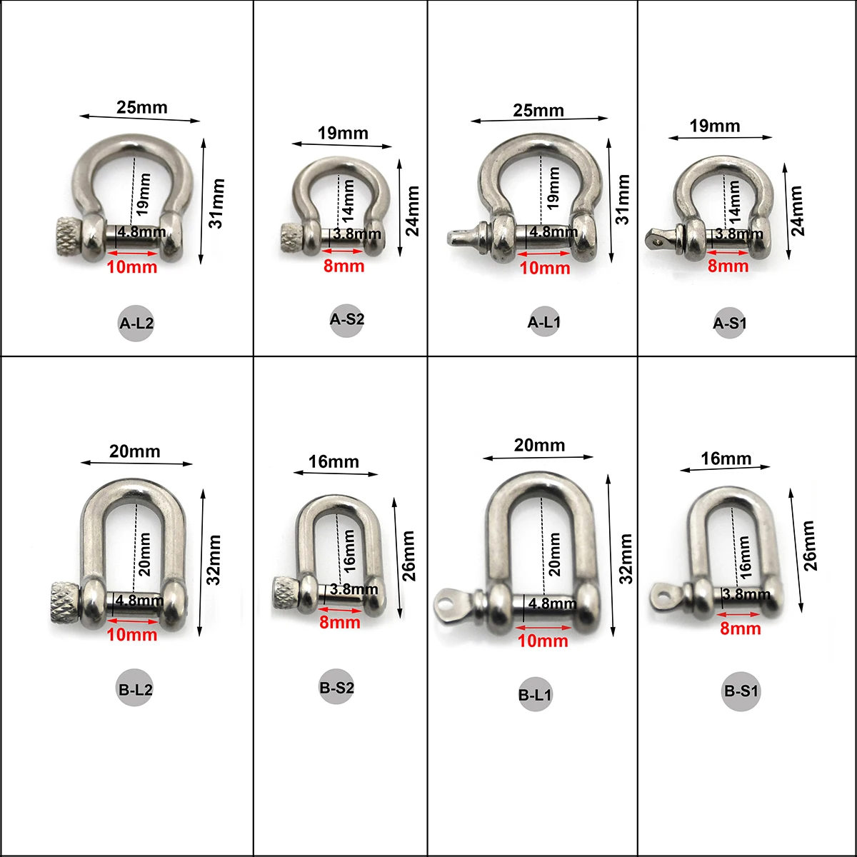 1 pcs Stainless Steel Carabiner D Bow Shackle Fob Key Ring Keychain Hook Screw Joint Connector Buckle Solid Metal 2 Size